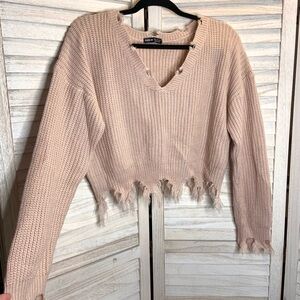 Shein Light Tan Pink Distressed V Neck Cropped Pullover Knit Sweater M